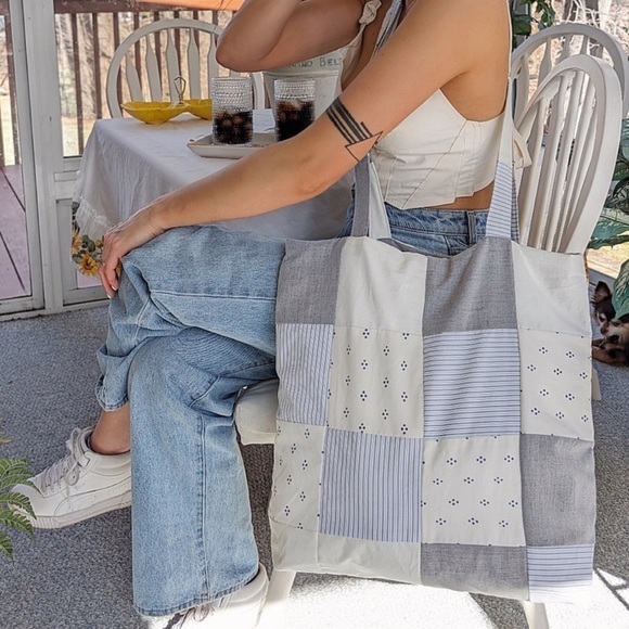 Patchwork Poplin Upcycled Cotton Shirt Reworked Oversized Slouchy Maxi Tote Bag - Picture 2 of 3